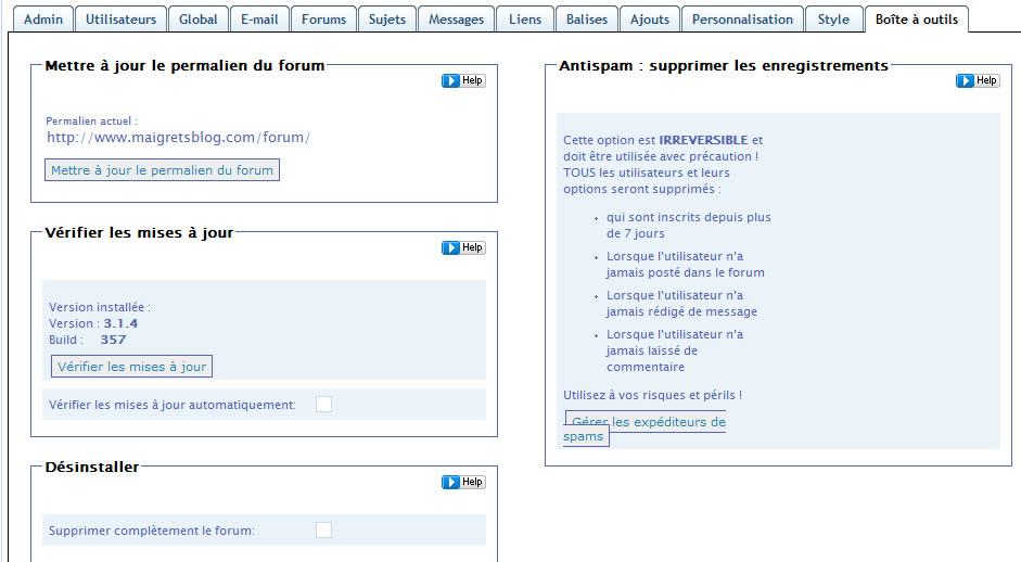 Capture d'écran - Simple Press Forum, onglet Boîte à outils