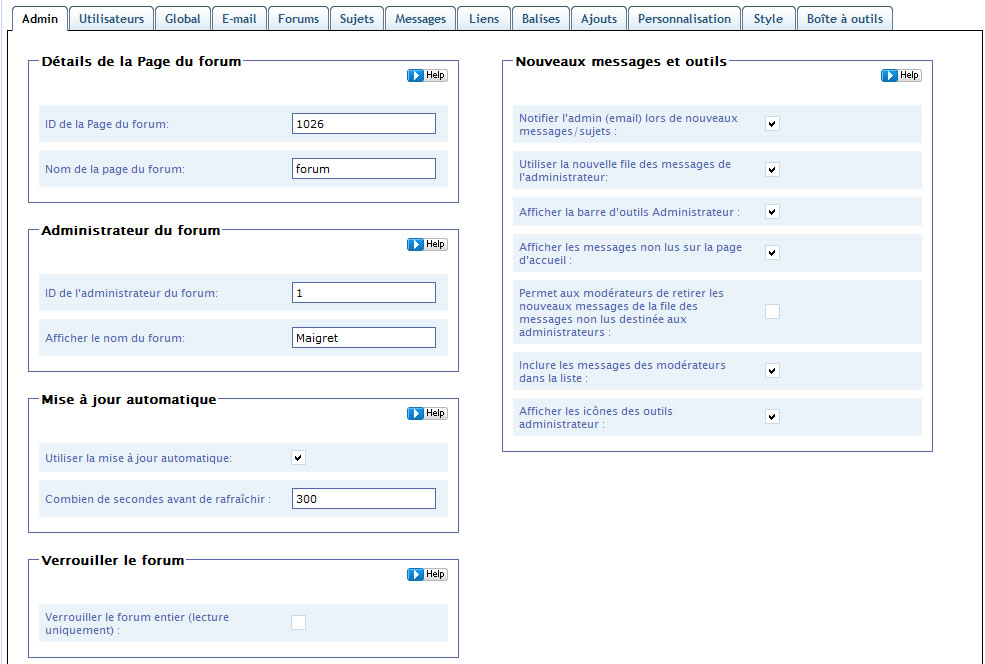 Capture d'écran - Simple Press Forum, onglet Admin