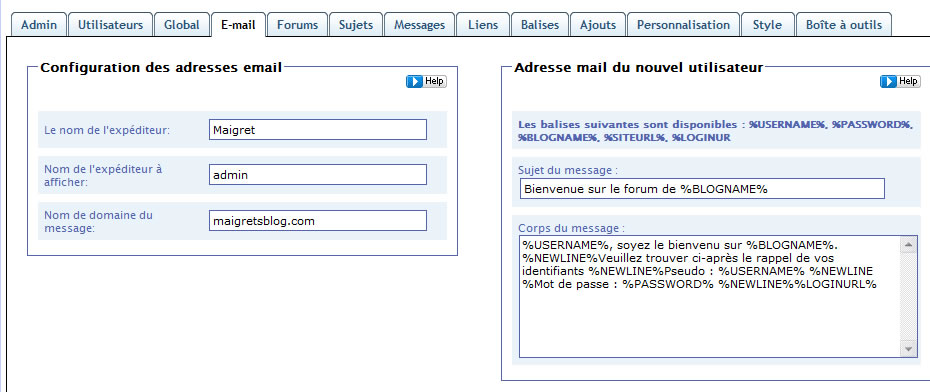 Capture d'écran - Simple Press Forum, onglet E-mail