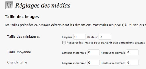 Capture d'écran - Réglages des éléments médias de WordPress