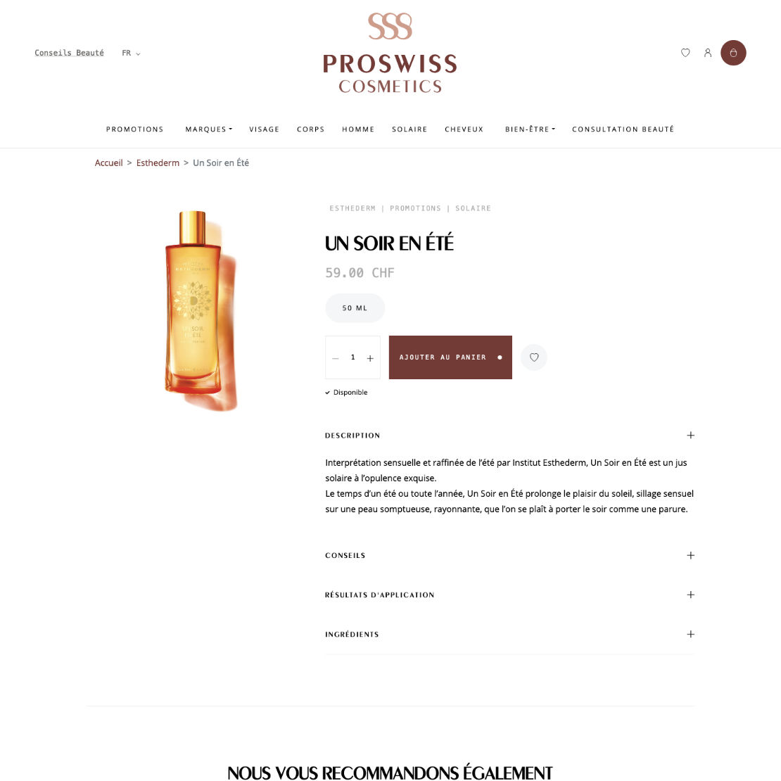 Page produit du site ProSwiss Cosmetics