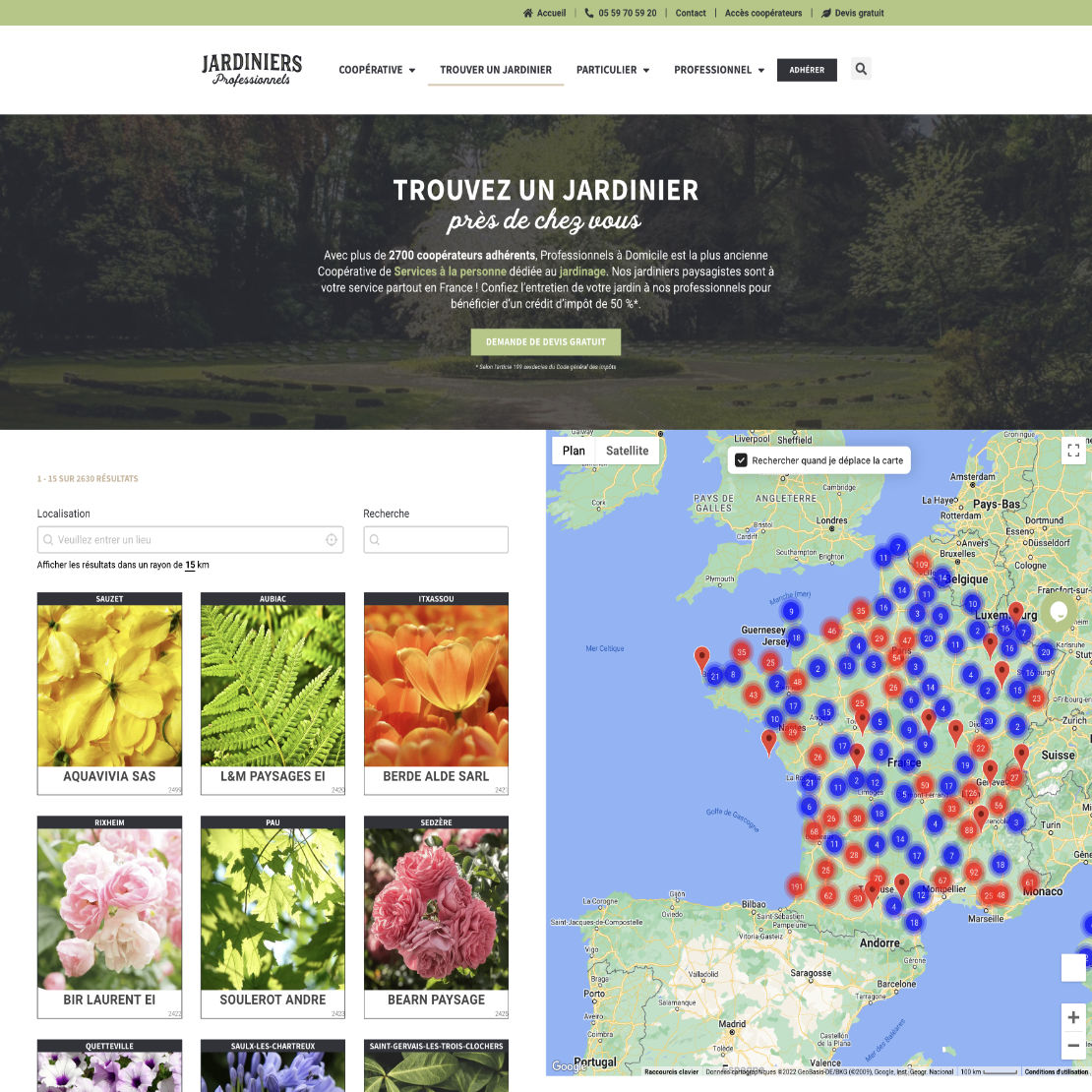Annuaire de recherche de jardiniers avec Google Maps