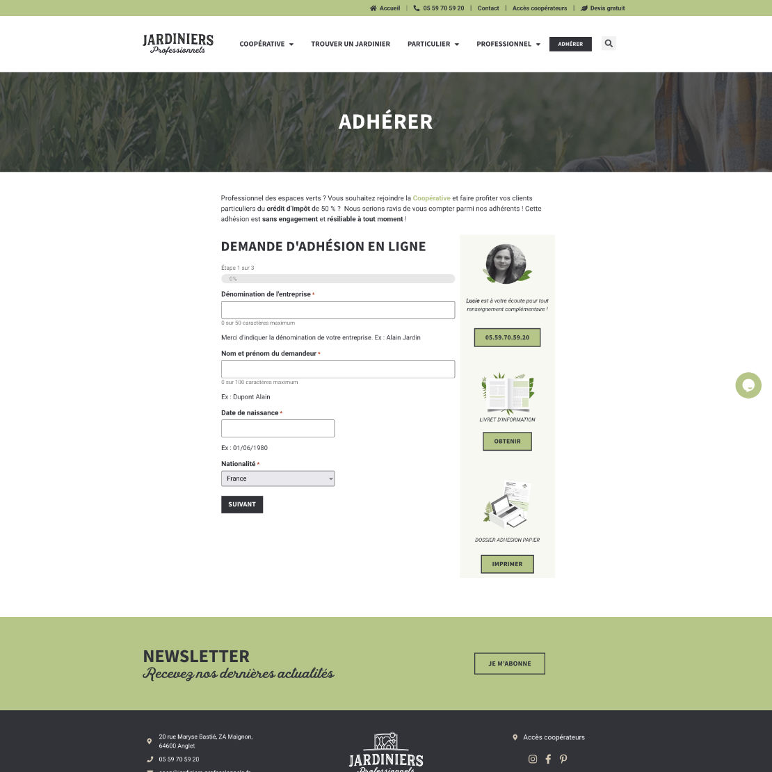Page de formulaire d'adhésion