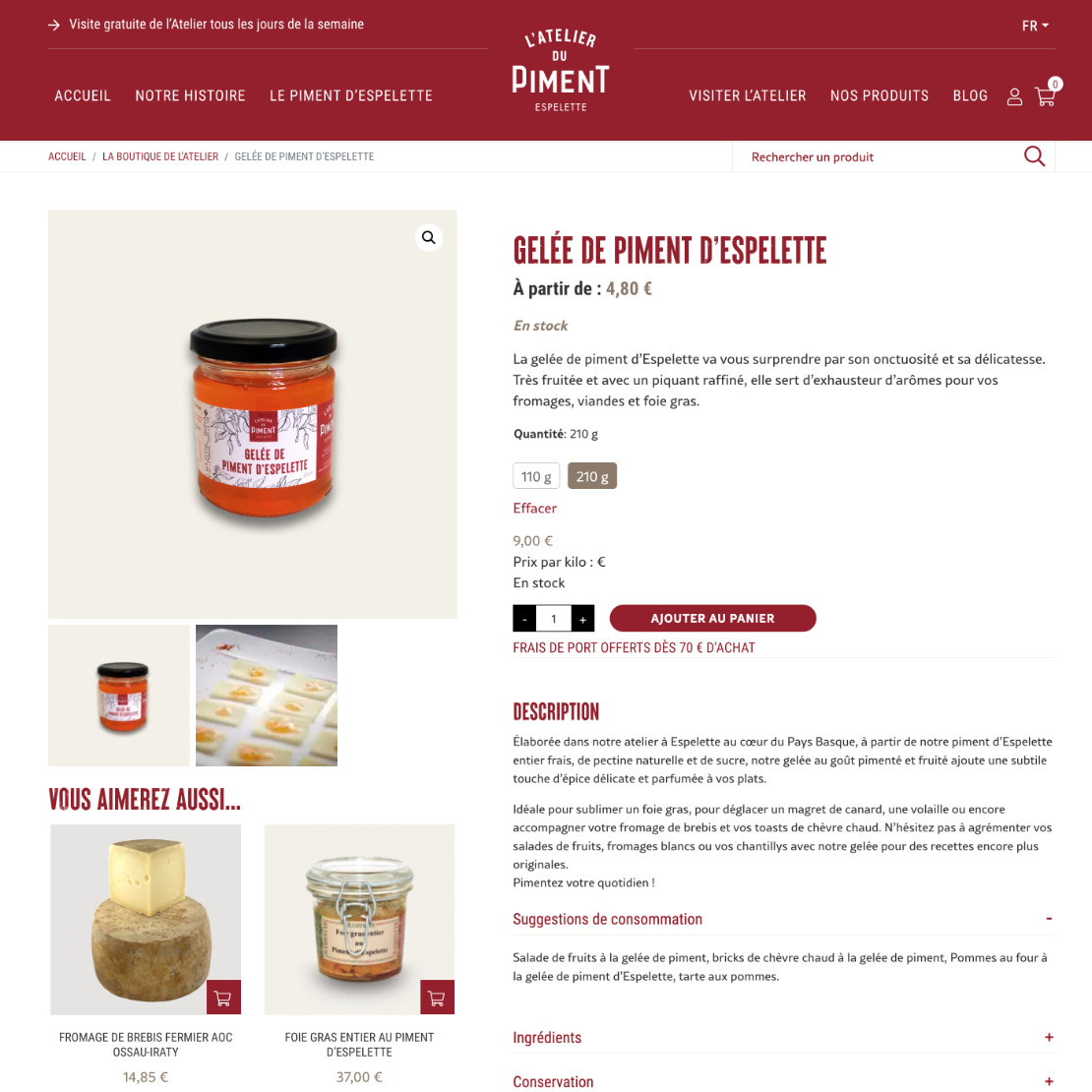 Page produit de la gelée de piment d'Espelette