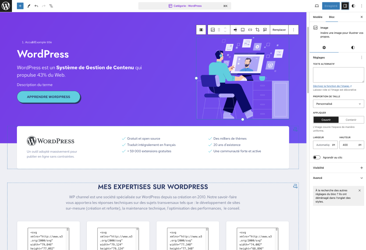 Interface de l'éditeur de blocs du FSE