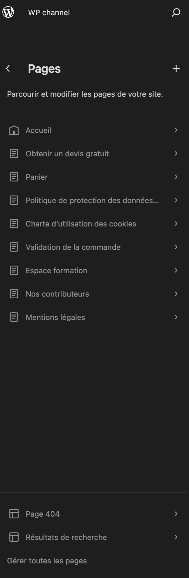 Interface de gestion des pages en FSE
