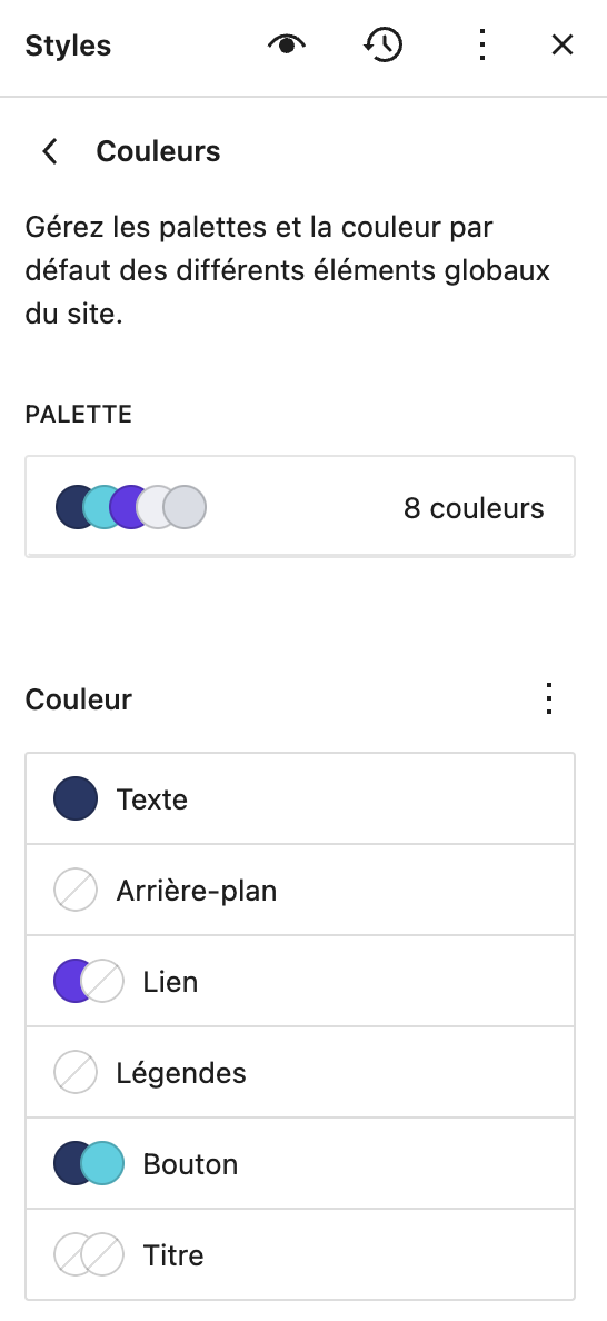 Panneau de réglages des couleurs du FSE