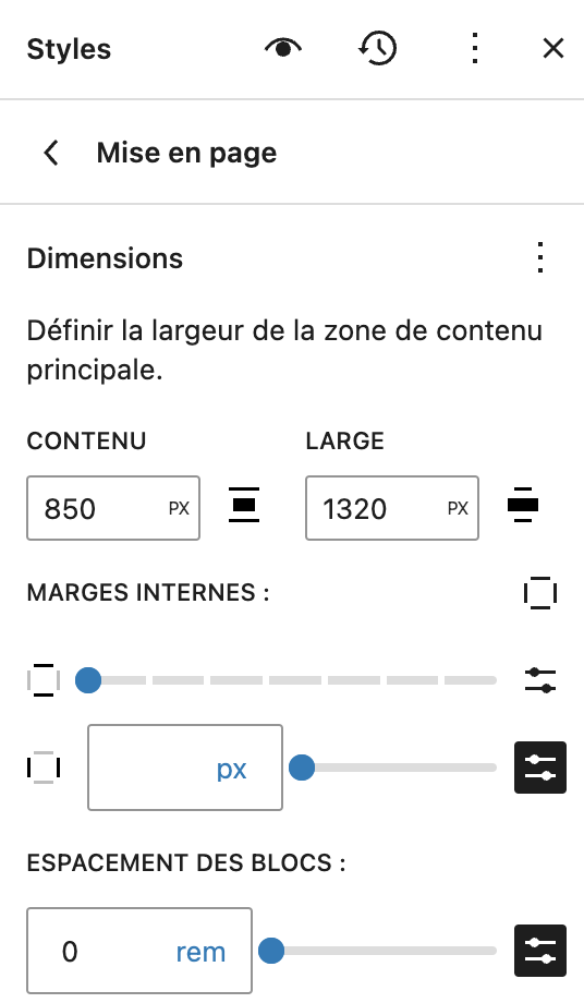 Panneau de réglages de la mise en page du FSE