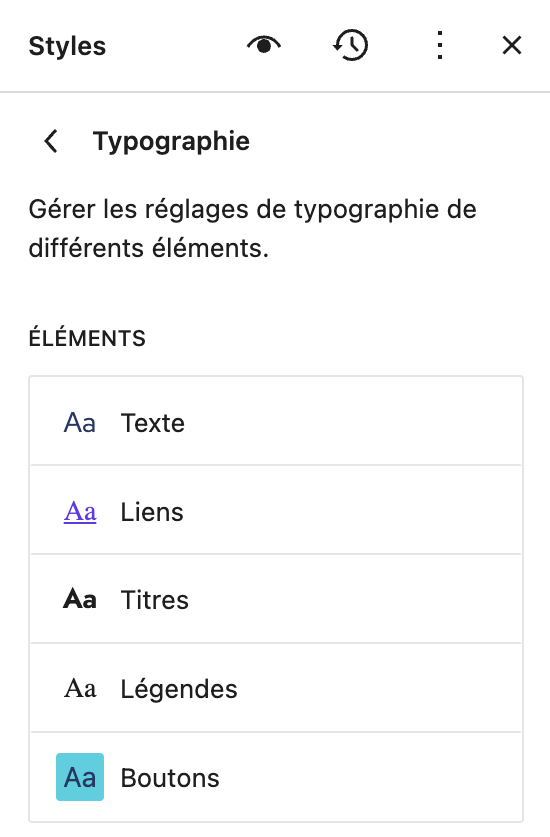 Panneau de réglages des typographies du FSE