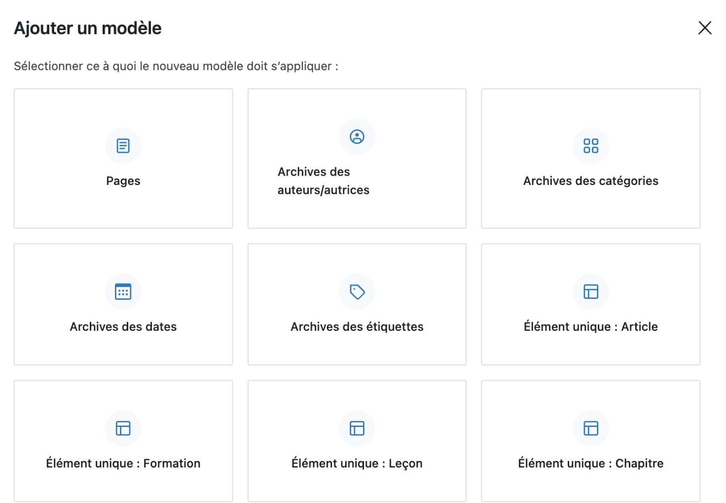 Interface de sélection de modèles pour votre site Web.