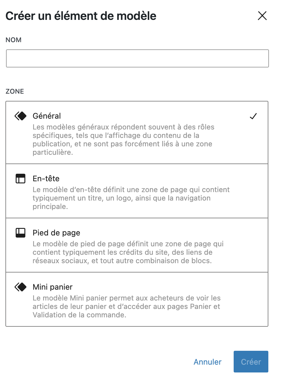 Interface création élément de modèle web.