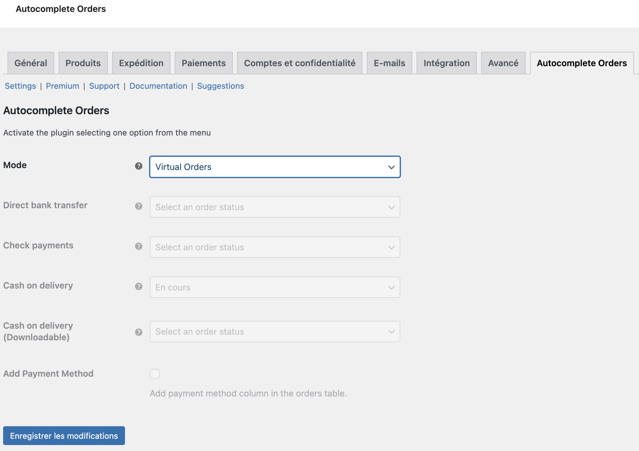 Interface de configuration pour l'extension Autocomplete WooCommerce Orders.