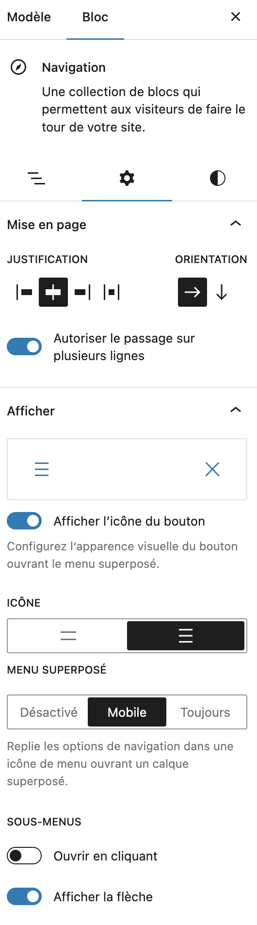 Panneau de configuration du bloc navigation