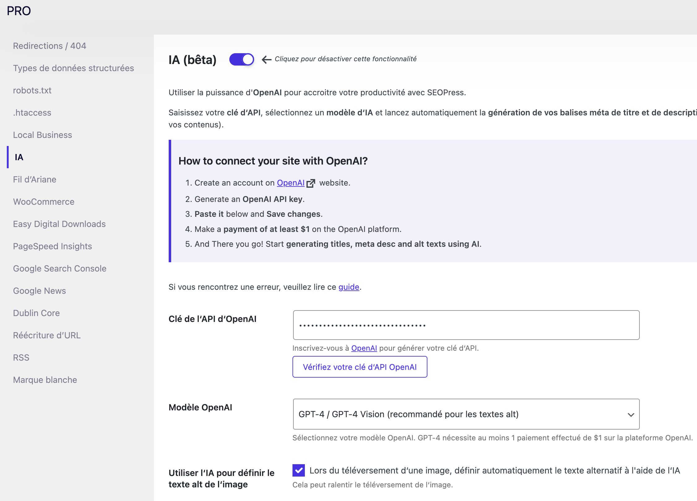Interface utilisateur SEOpress pour intégration d'OpenAI.