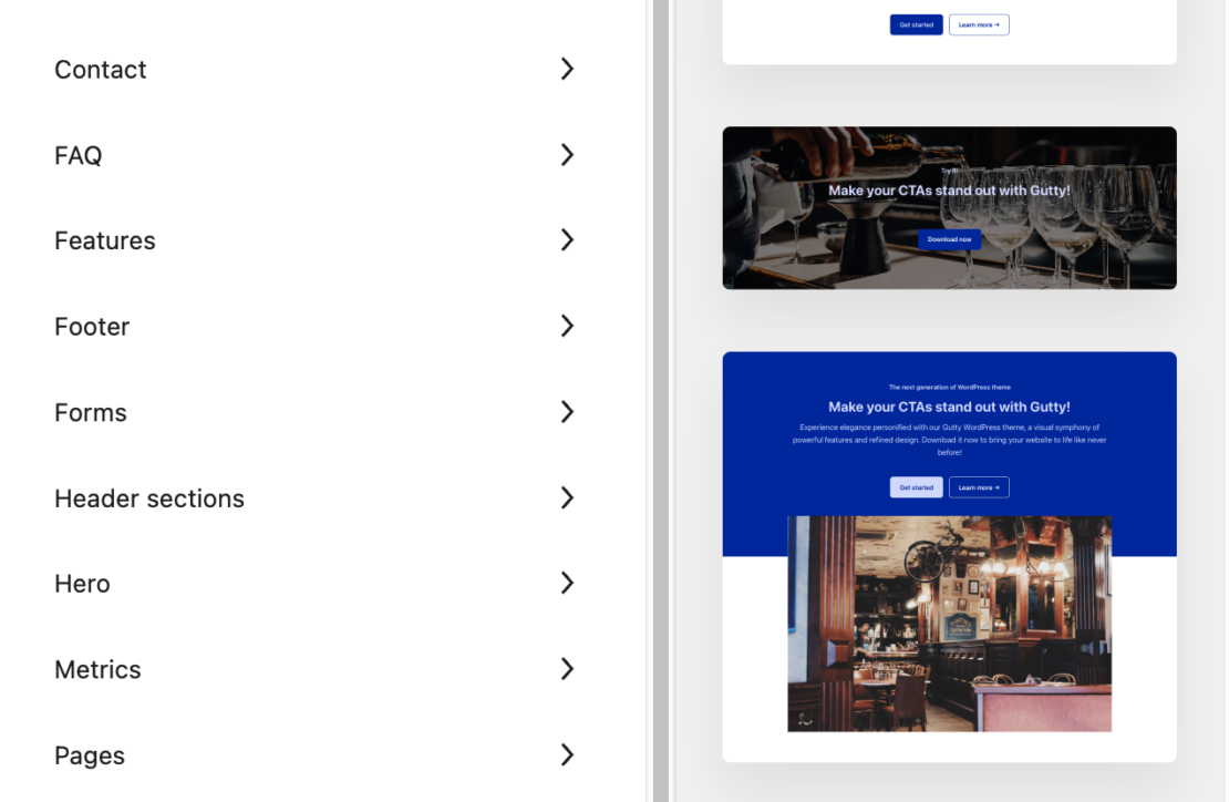 Interface utilisateur avec exemples de CTA.