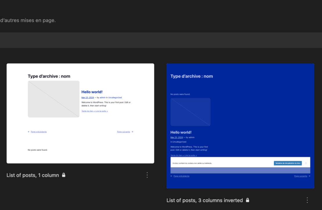 Interfaces gestion de publications WordPress.