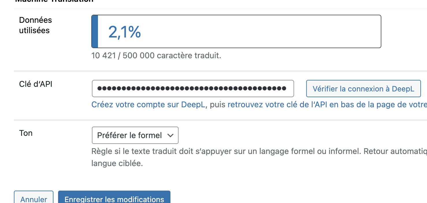 Interface utilisateur de traduction automatique DeepL.