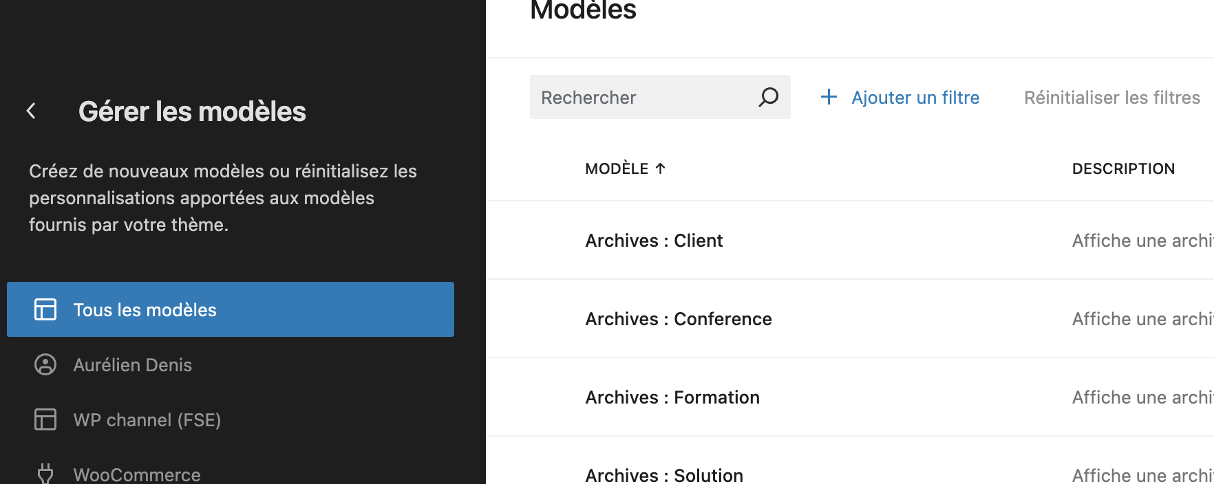 Interface gestion modèles WordPress.
