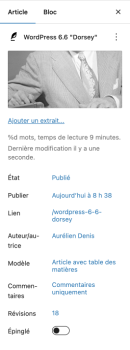 Détails article WordPress 6.6 Dorsey publié