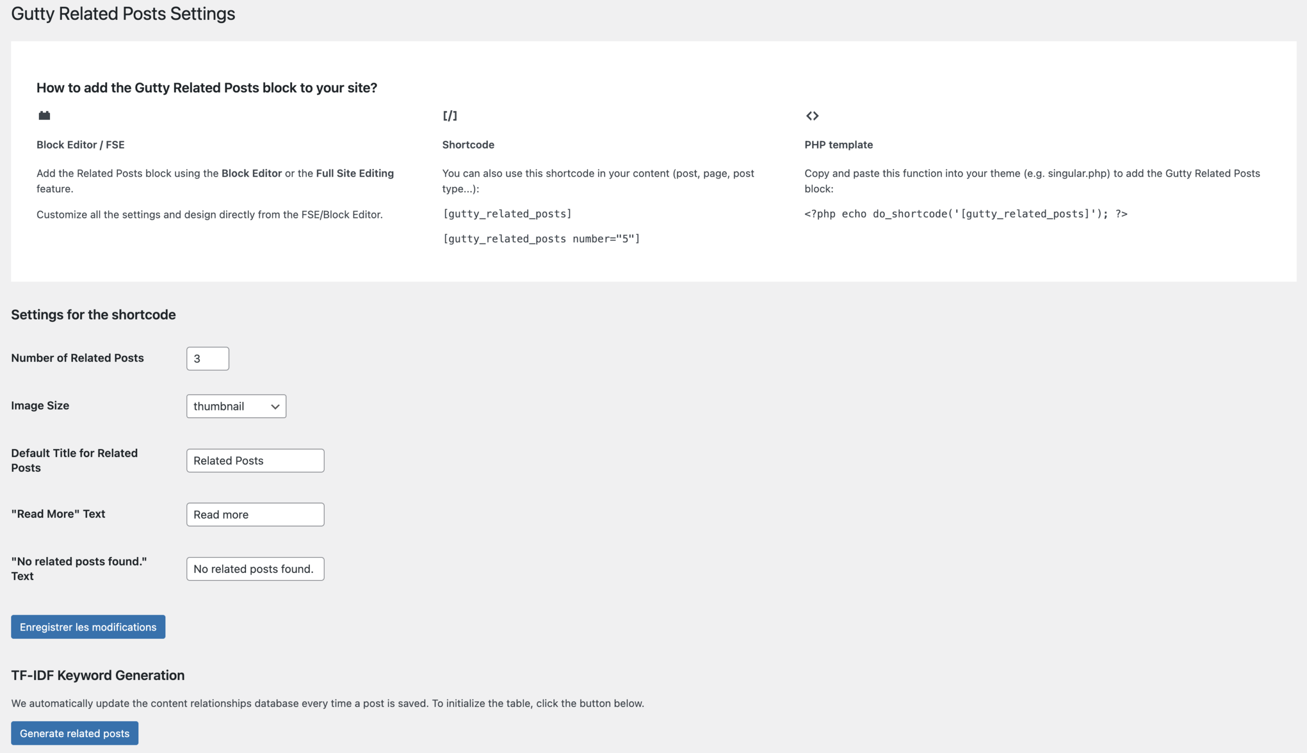 Interface des réglages de Gutty Related Posts