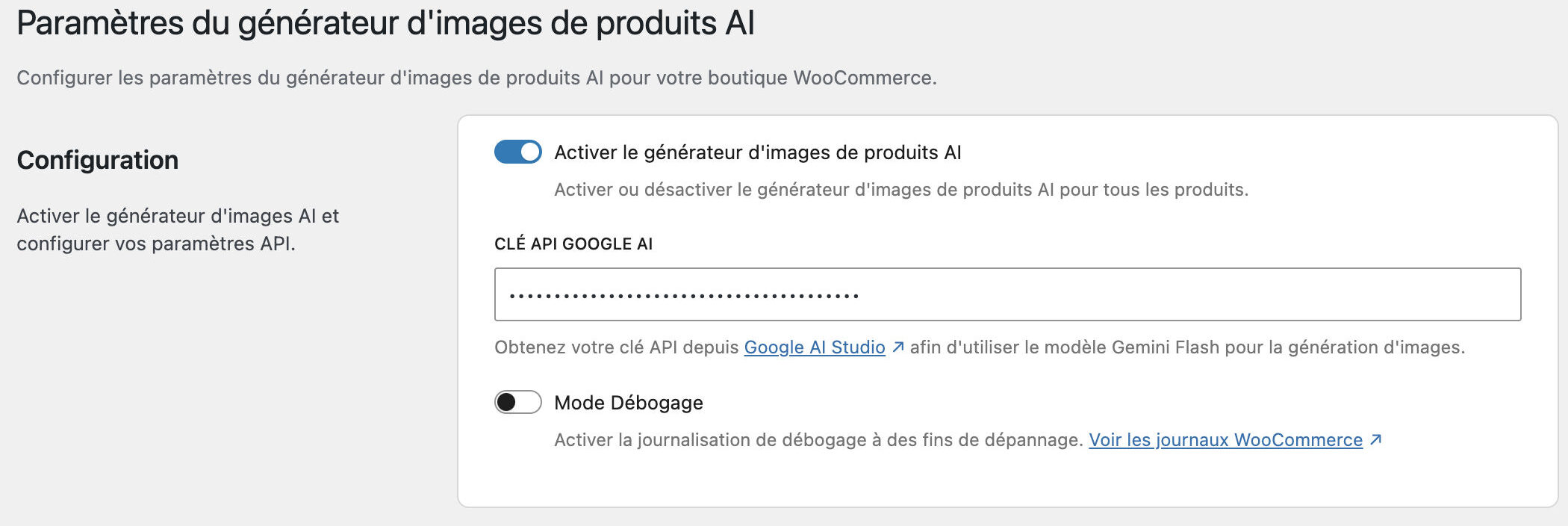 Réglages de l'extension AI Product Image Generator pour WooCommerce
